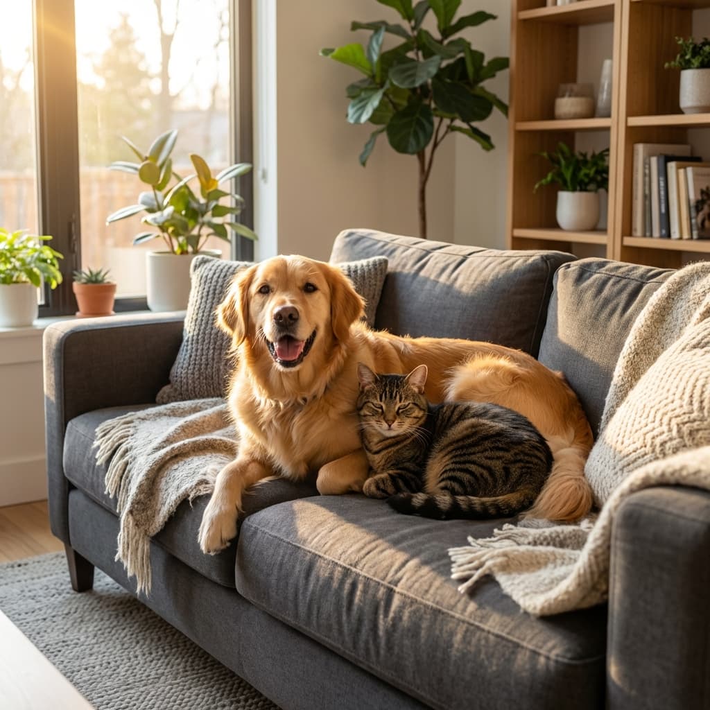 Happy dog and cat on a sofa